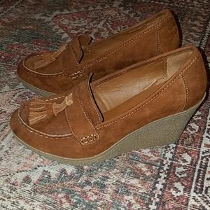 MIA Suede Cognac Wedge Tassel Loafers